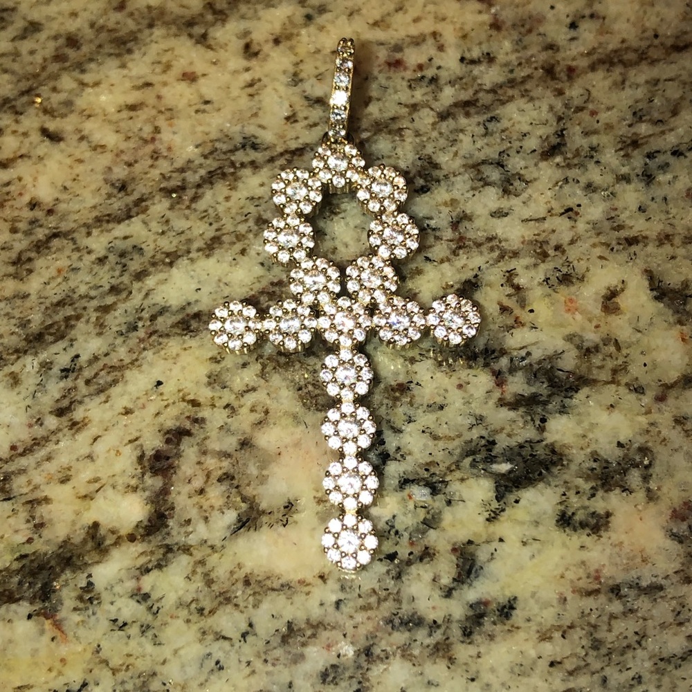 Gold Ankh Pendant w/ Cubic Zirconia Crystals